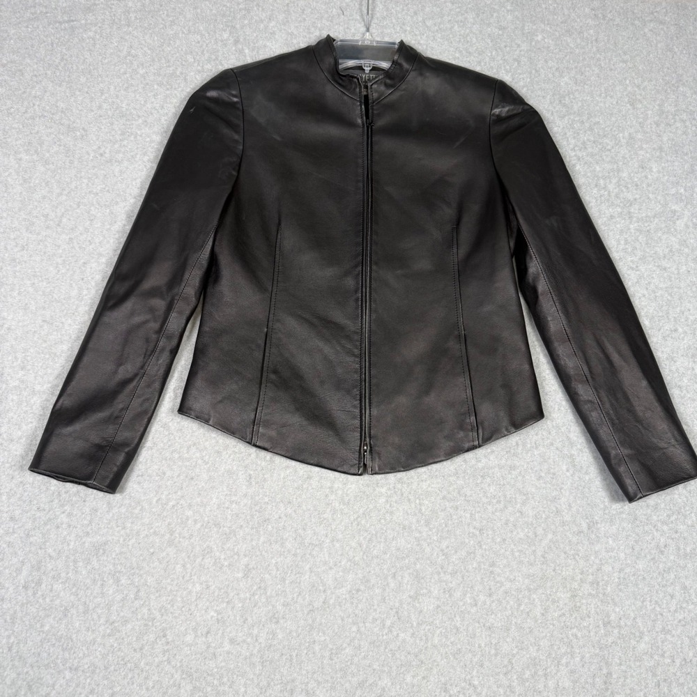 Y2K Lafayette 148 New York Black Leather Jacket Petite 2 Zip Front Collarless